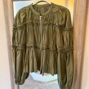 Anthropologie Olive Green Ruffled Zip-Front Bomber Jacket